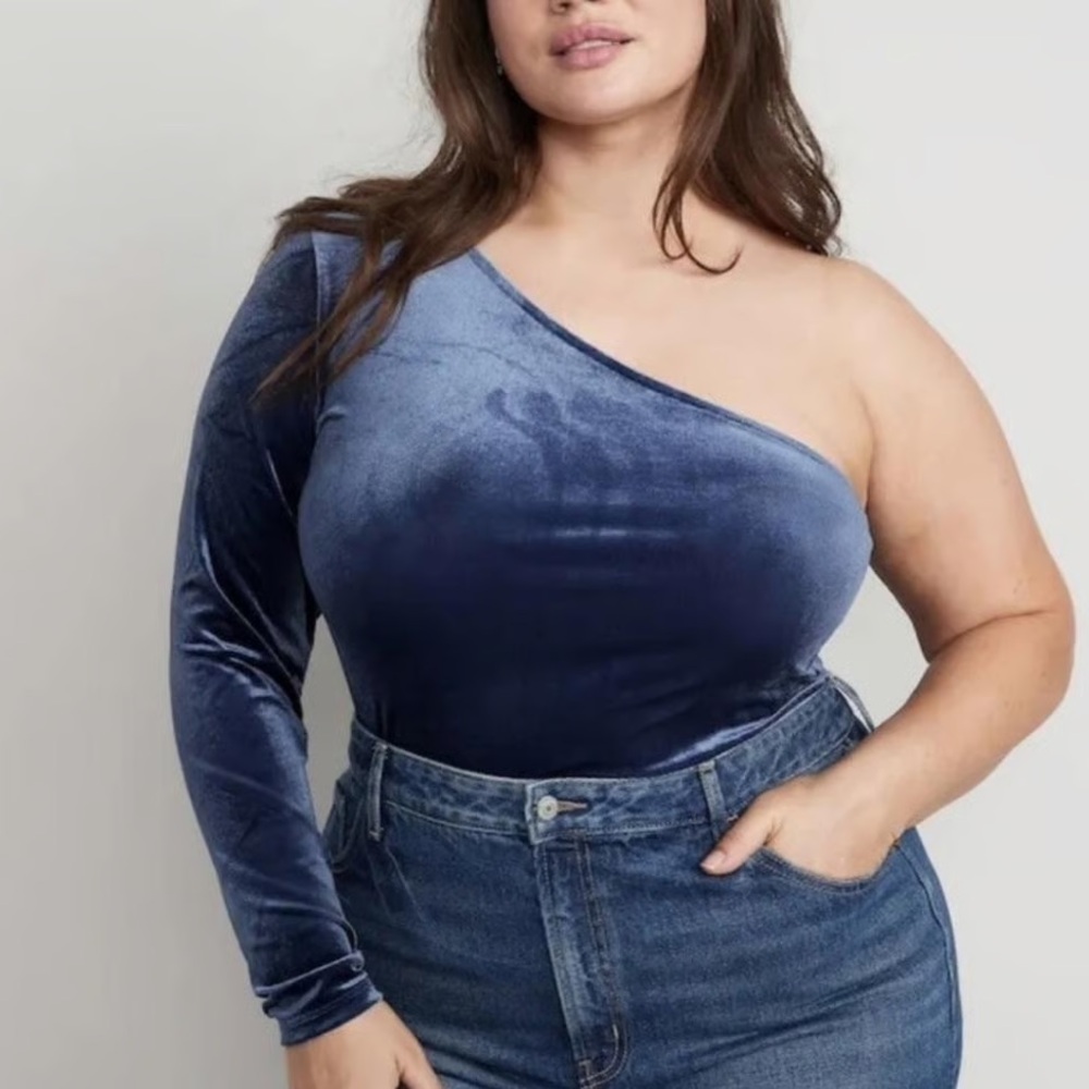 PLUS Old Navy NEW Blue Velvet One Shoulder Long Sleeve Stretch Blouse Size 3X